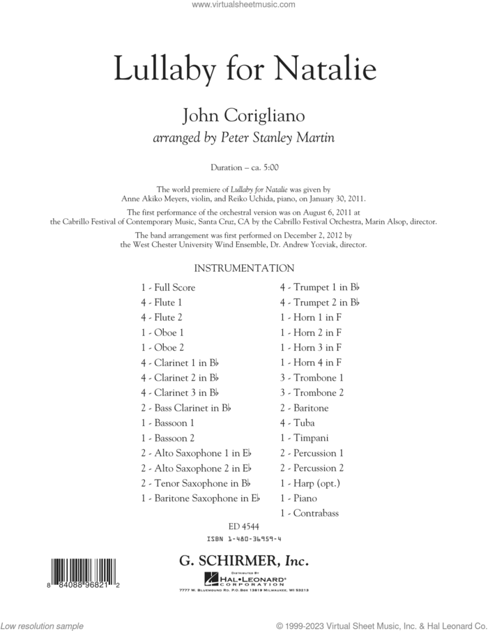 Lullaby for Natalie (arr. Peter Stanley Martin) (COMPLETE) sheet music for concert band by John Corigliano and Peter Stanley Martin, classical score, intermediate skill level