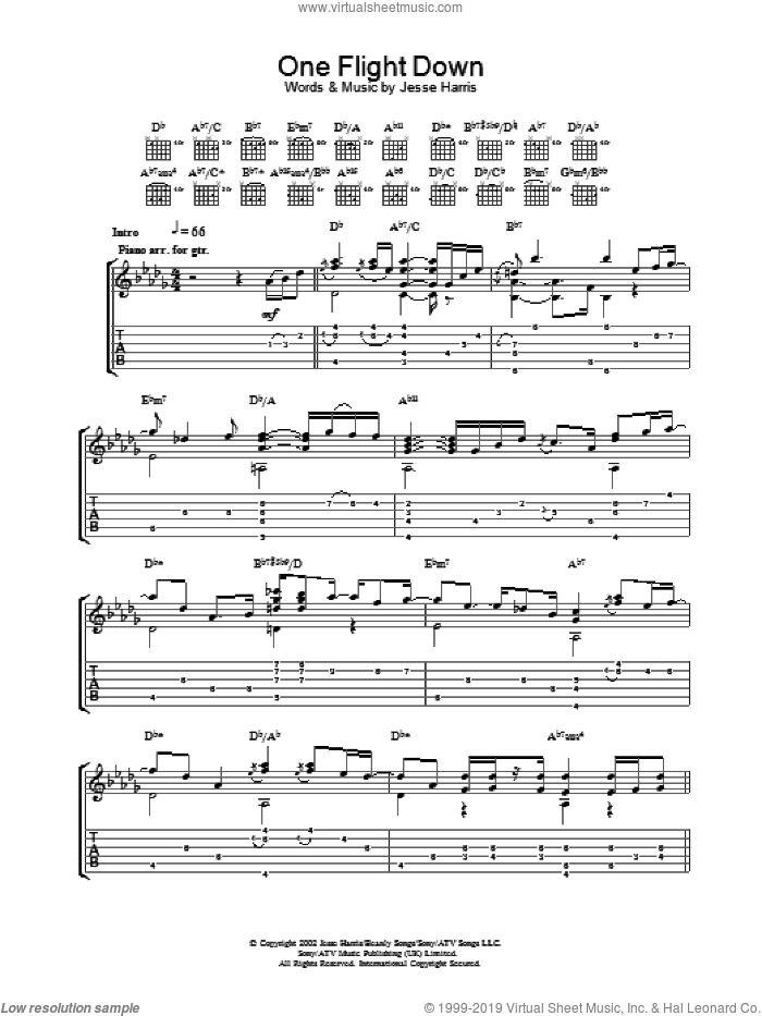 One Flight Down sheet music for guitar (tablature) by Norah Jones, intermediate skill level