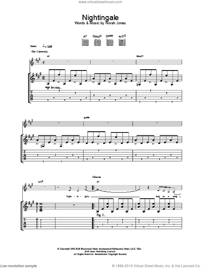 Nightingale sheet music for guitar (tablature) by Norah Jones, intermediate skill level