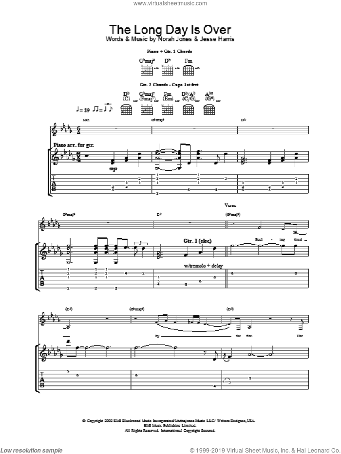 The Long Day Is Over sheet music for guitar (tablature) by Norah Jones, intermediate skill level