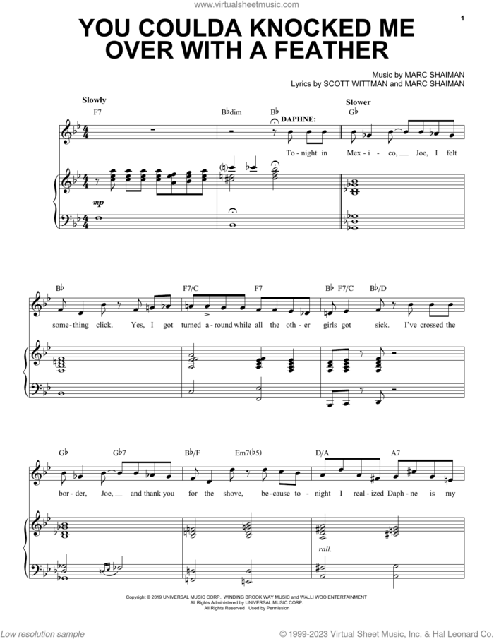 You Coulda Knocked Me Over With A Feather (from Some Like It Hot) sheet music for voice, piano or guitar by Marc Shaiman & Scott Wittman, Marc Shaiman and Scott Wittman, intermediate skill level