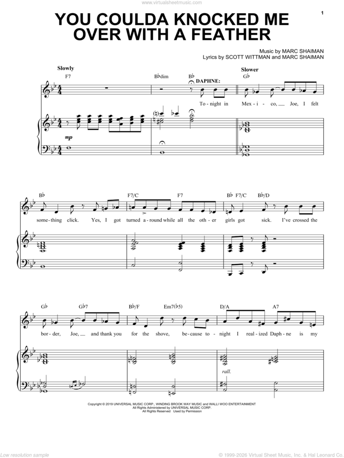 You Coulda Knocked Me Over With A Feather (from Some Like It Hot) sheet music for voice, piano or guitar by Marc Shaiman & Scott Wittman, Marc Shaiman and Scott Wittman, intermediate skill level