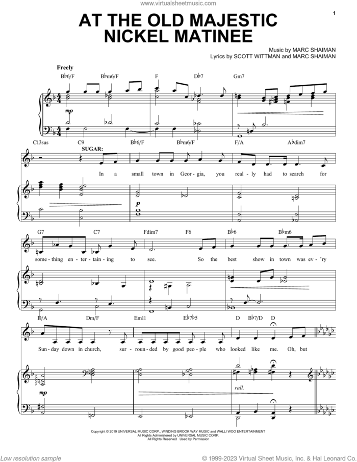 At The Old Majestic Nickel Matinee (from Some Like It Hot) sheet music for voice, piano or guitar by Marc Shaiman & Scott Wittman, Marc Shaiman and Scott Wittman, intermediate skill level