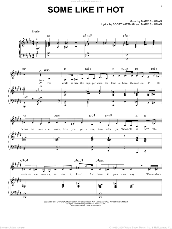 Some Like It Hot (from Some Like It Hot) sheet music for voice, piano or guitar by Marc Shaiman & Scott Wittman, Marc Shaiman and Scott Wittman, intermediate skill level