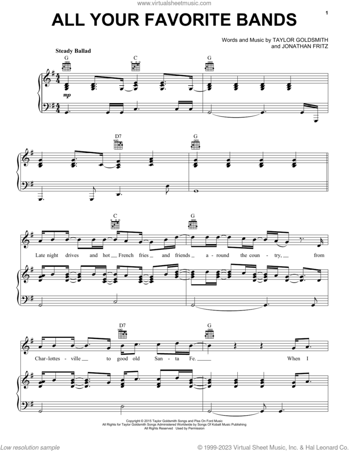 All Your Favorite Bands sheet music for voice, piano or guitar by Dawes, Jonathan Fritz and Taylor Goldsmith, intermediate skill level