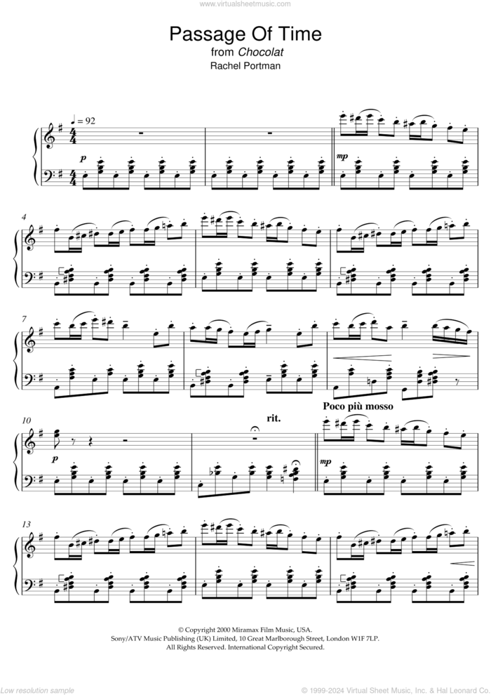 Passage Of Time (from Chocolat) sheet music for piano solo by Chocolat, Chocolat (Movie) and Rachel Portman, intermediate skill level