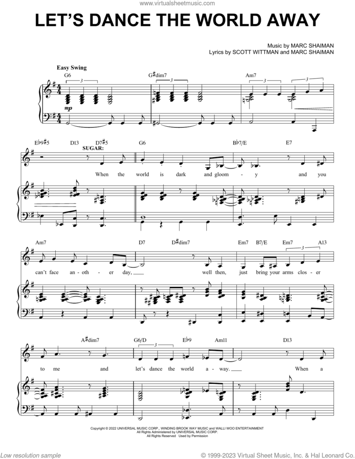 Let's Dance The World Away (from Some Like It Hot) sheet music for voice, piano or guitar by Marc Shaiman & Scott Wittman, Marc Shaiman and Scott Wittman, intermediate skill level