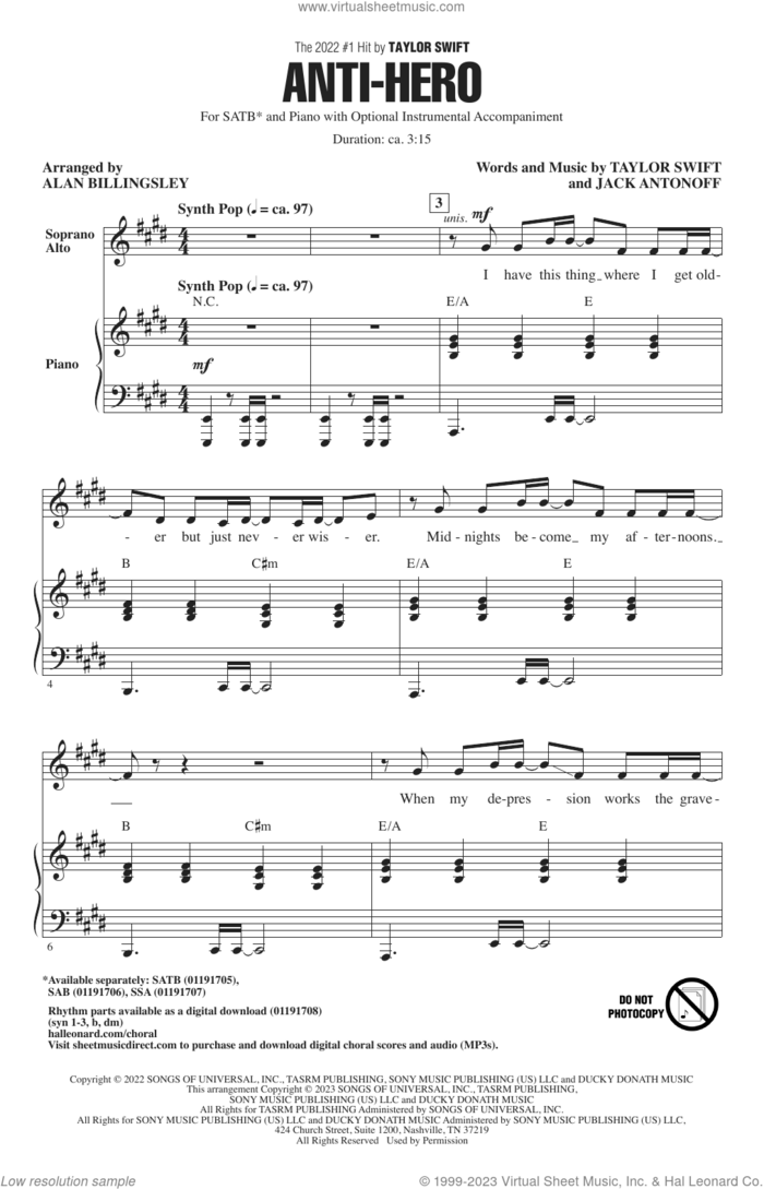 Anti-Hero (arr. Alan Billingsley) sheet music for choir (SATB: soprano, alto, tenor, bass) by Taylor Swift, Alan Billingsley and Jack Antonoff, intermediate skill level