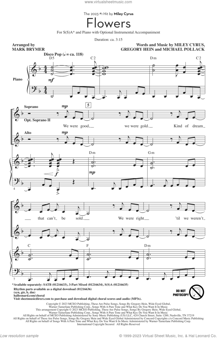 Flowers (arr. Mark Brymer) sheet music for choir (SSA: soprano, alto) by Miley Cyrus, Mark Brymer, Gregory Hein and Michael Pollack, intermediate skill level