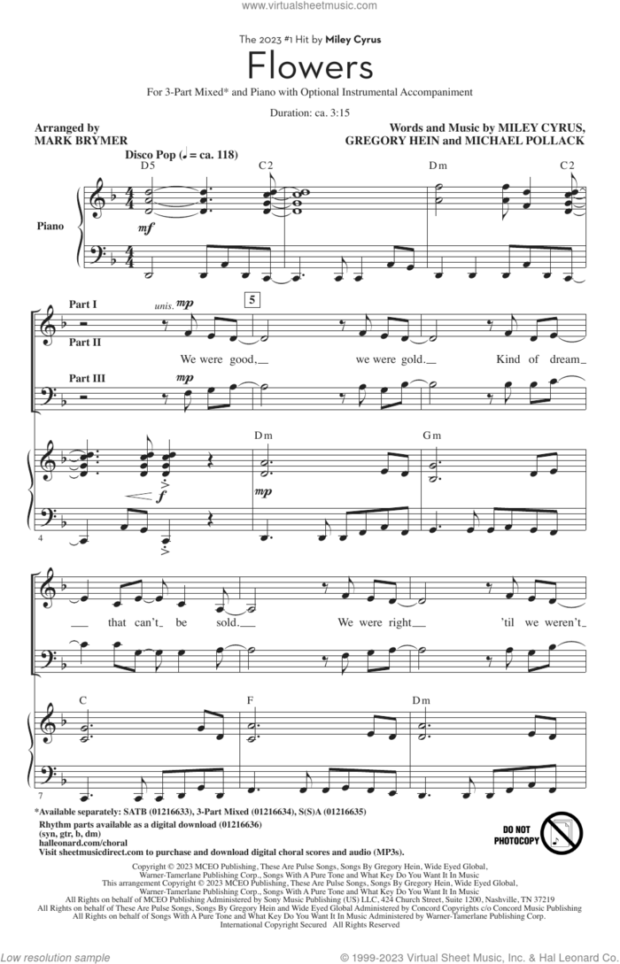 Flowers (arr. Mark Brymer) sheet music for choir (3-Part Mixed) by Miley Cyrus, Mark Brymer, Gregory Hein and Michael Pollack, intermediate skill level