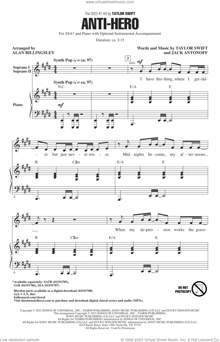 Anti-Hero (arr. Alan Billingsley) sheet music for choir (SSA: soprano, alto) by Taylor Swift, Alan Billingsley and Jack Antonoff, intermediate skill level