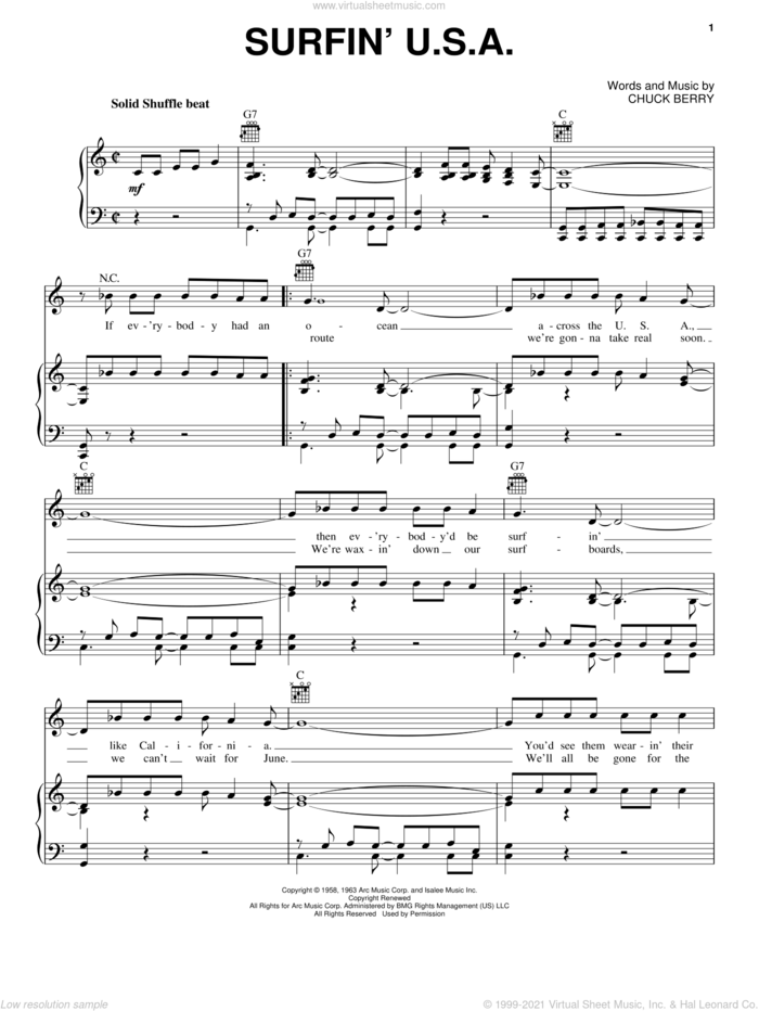 Surfin' U.S.A. sheet music for voice, piano or guitar by The Beach Boys, Brian Wilson and Chuck Berry, intermediate skill level