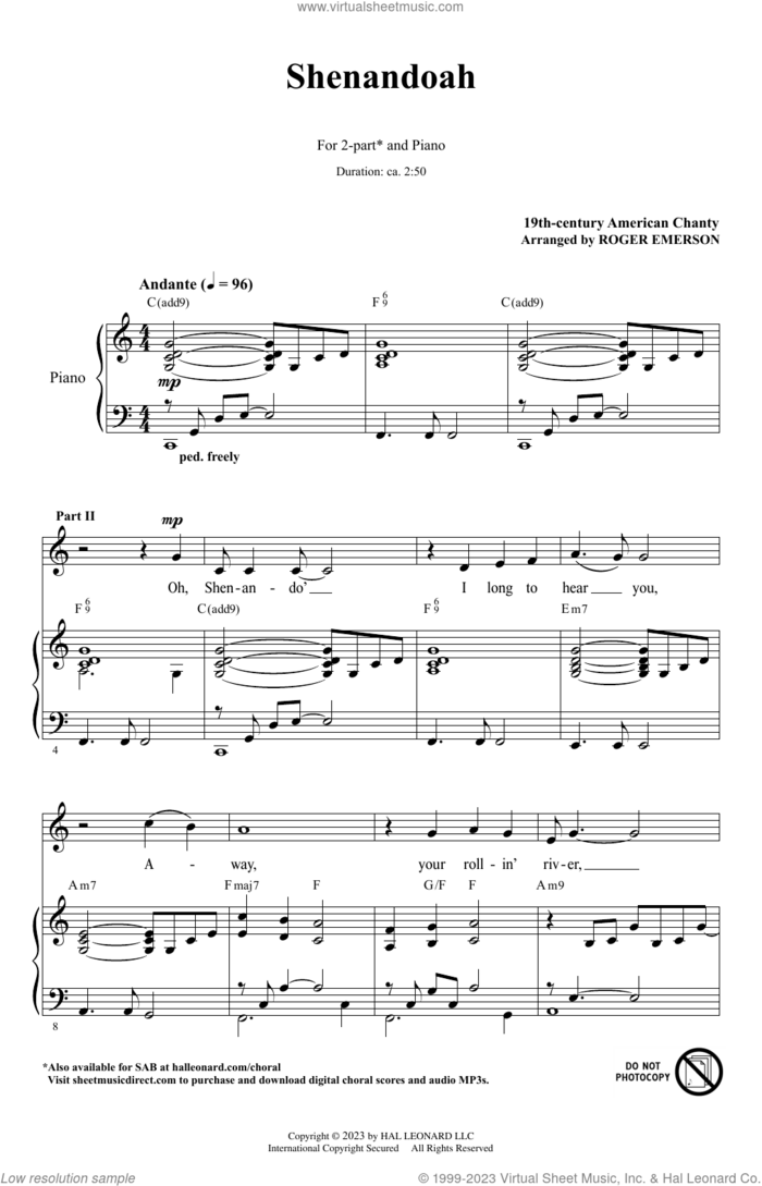 Shenandoah (arr. Roger Emerson) sheet music for choir (2-Part) by American Folksong and Roger Emerson, intermediate duet