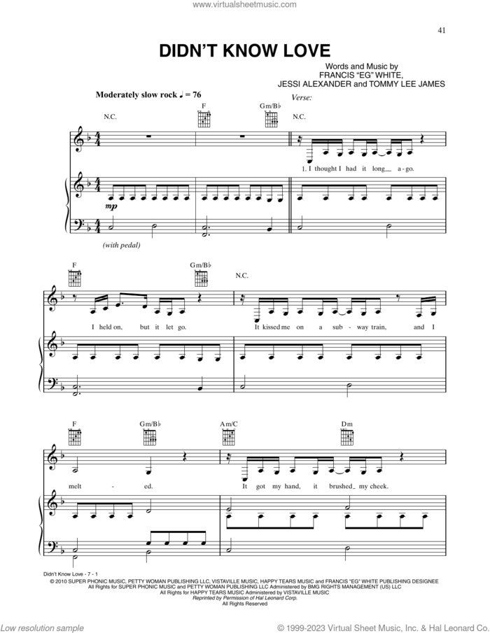 Didn't Know Love sheet music for voice, piano or guitar by CÉLINE DION, Francis 'Eg' White, Jessi Alexander and Tommy Lee James, intermediate skill level