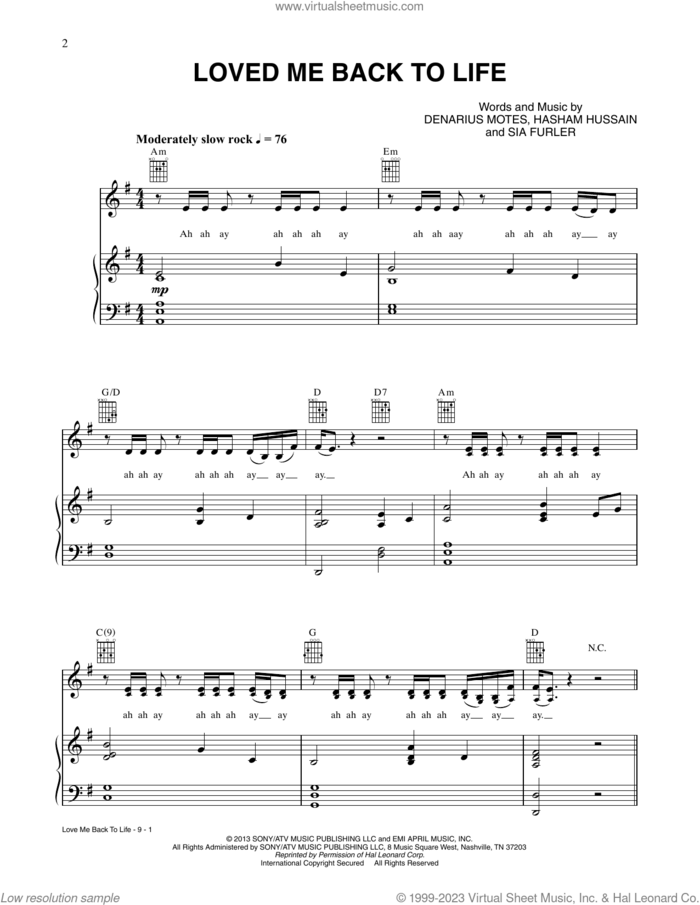 Loved Me Back To Life sheet music for voice, piano or guitar by CÉLINE DION, Denarius Motes, Hasham Hussain and Sia Furler, intermediate skill level