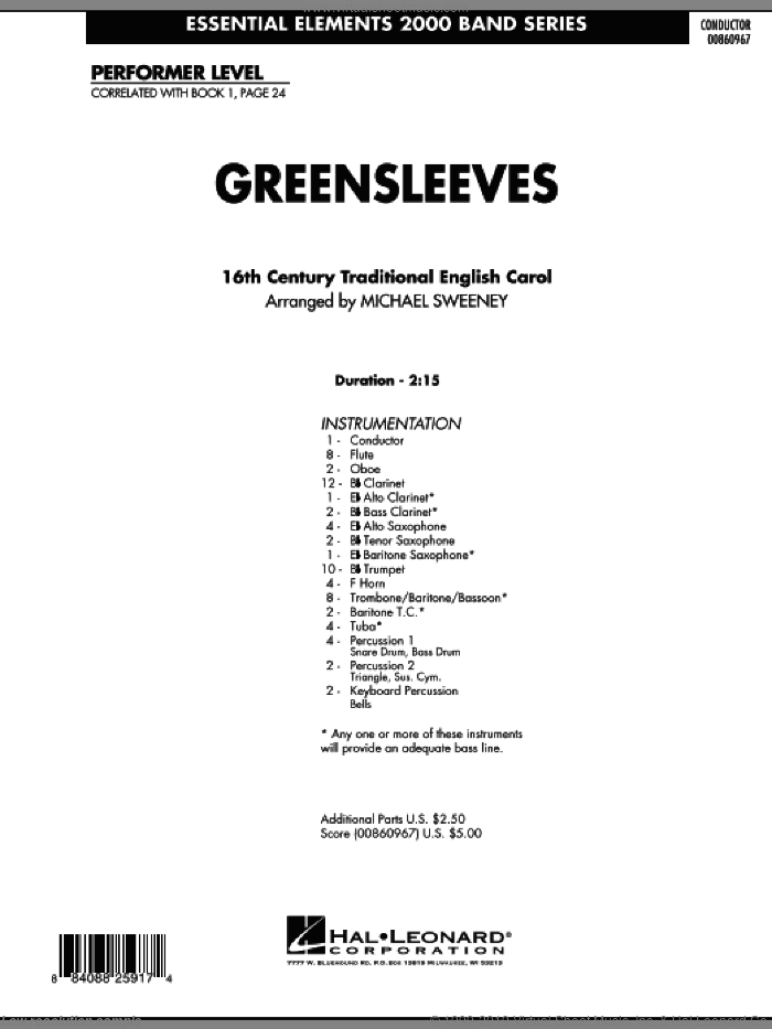Greensleeves (COMPLETE) sheet music for concert band by Michael Sweeney, intermediate skill level