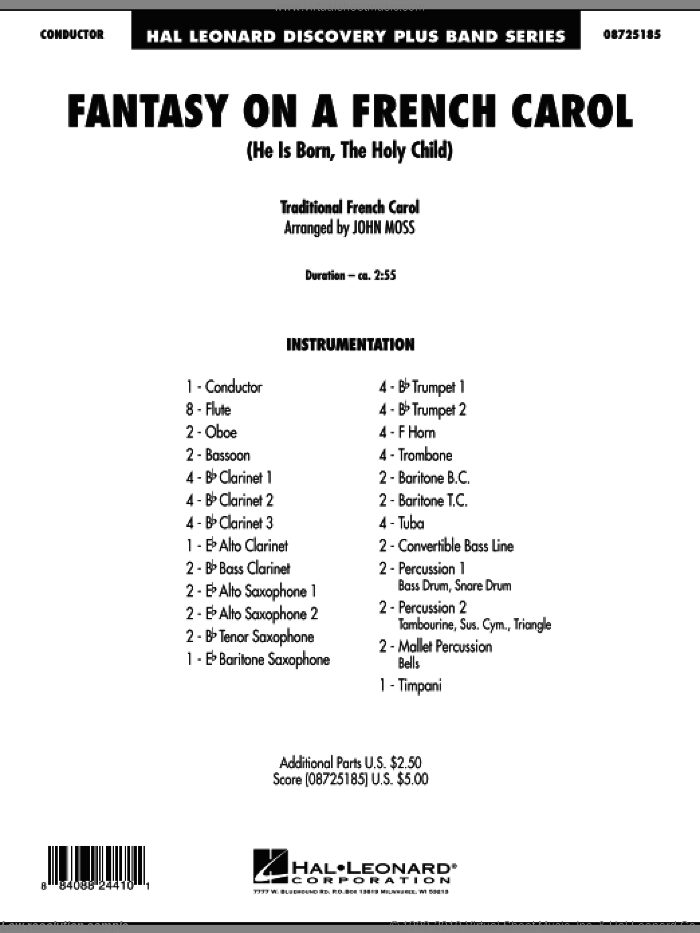 Fantasy on a French Carol (COMPLETE) sheet music for concert band by John Moss, intermediate skill level