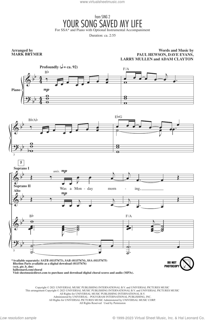 Your Song Saved My Life (from Sing 2) (arr. Mark Brymer) sheet music for choir (SSA: soprano, alto) by U2, Mark Brymer, Adam Clayton, Bono, Dave Evans, Larry Mullen and Paul Hewson, intermediate skill level