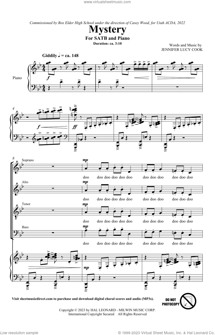 Mystery sheet music for choir (SATB: soprano, alto, tenor, bass) by Jennifer Lucy Cook, intermediate skill level