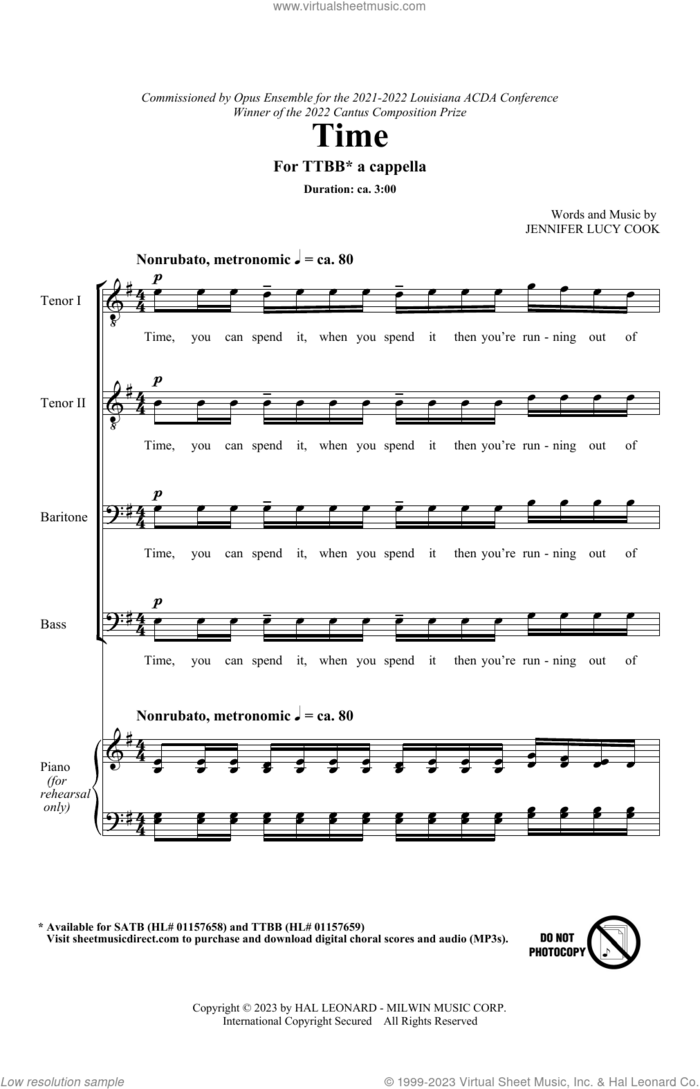 Time sheet music for choir (TTBB: tenor, bass) by Jennifer Lucy Cook, intermediate skill level