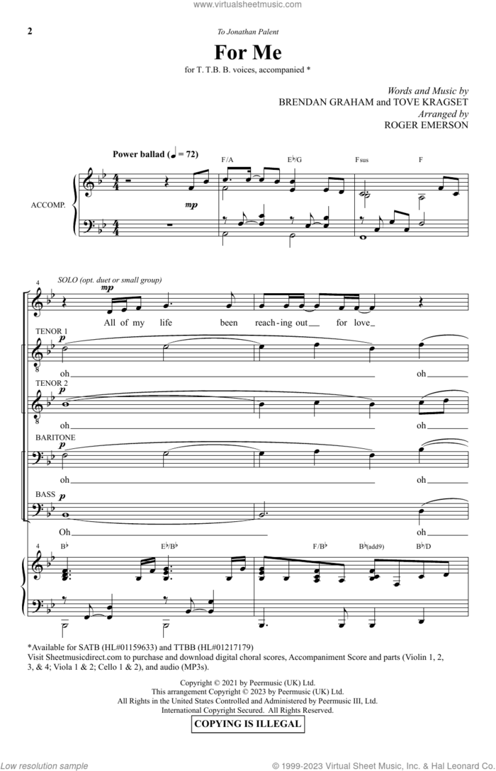 For Me (arr. Roger Emerson) sheet music for choir (TTBB: tenor, bass) by Brendan Graham and Tove Kragset, Roger Emerson, Brendan Graham and Tove Kragset, intermediate skill level