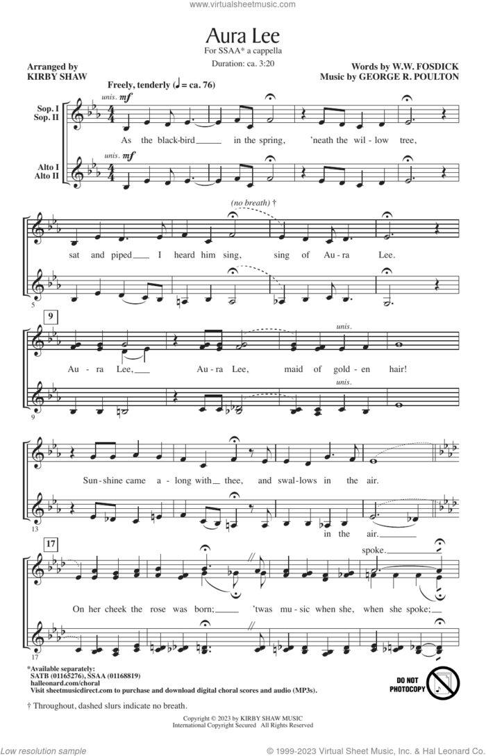 Aura Lee (arr. Kirby Shaw) sheet music for choir (SSAA: soprano, alto) by George R. Poulton, Kirby Shaw, Miscellaneous and W.W. Fosdick, intermediate skill level