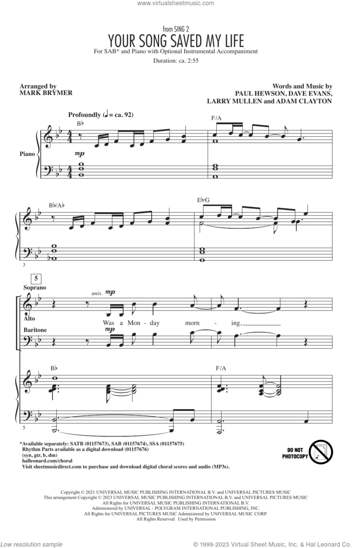 Your Song Saved My Life (from Sing 2) (arr. Mark Brymer) sheet music for choir (SAB: soprano, alto, bass) by U2, Mark Brymer, Adam Clayton, Bono, Dave Evans, Larry Mullen and Paul Hewson, intermediate skill level