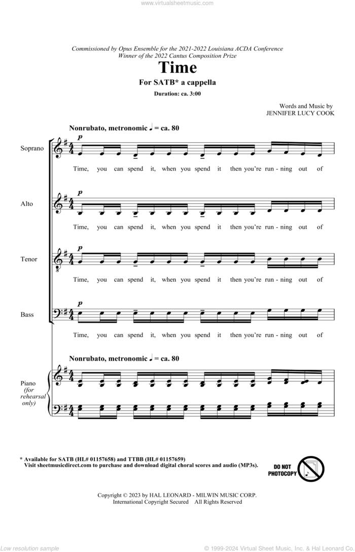 Time sheet music for choir (SATB: soprano, alto, tenor, bass) by Jennifer Lucy Cook, intermediate skill level