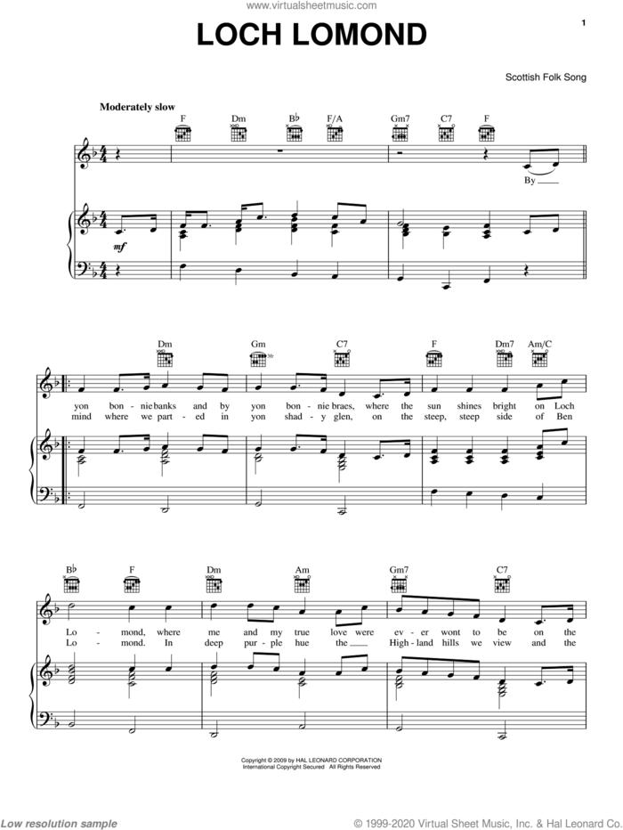 Loch Lomond sheet music for voice, piano or guitar, intermediate skill level