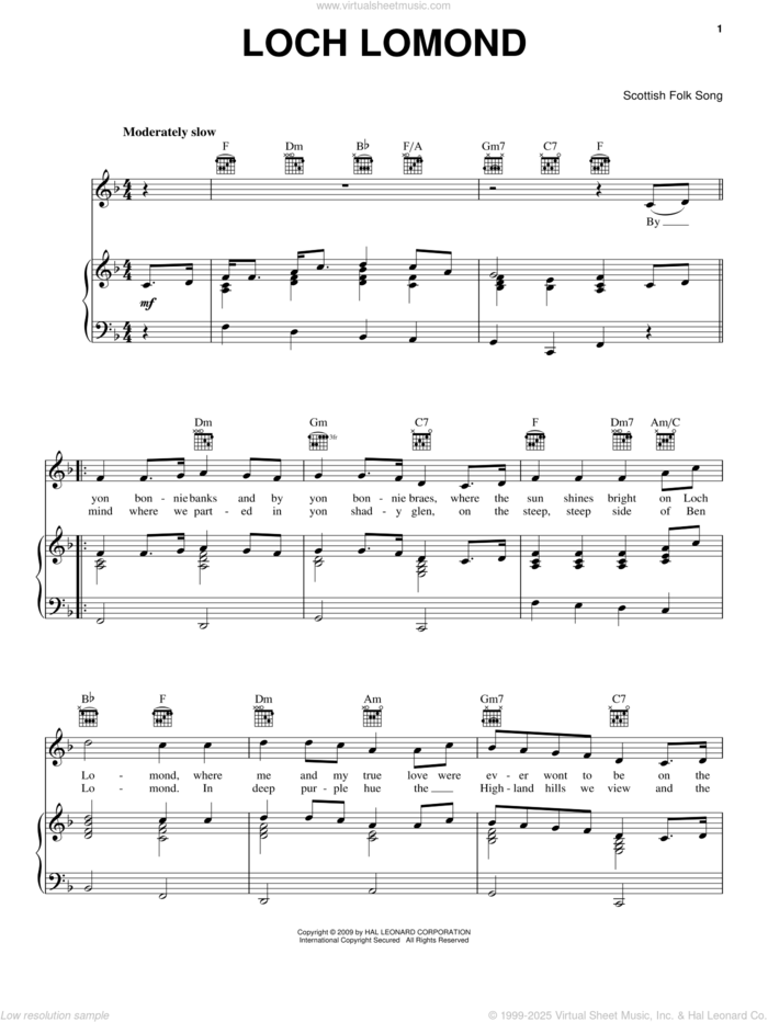 Loch Lomond sheet music for voice, piano or guitar, intermediate skill level