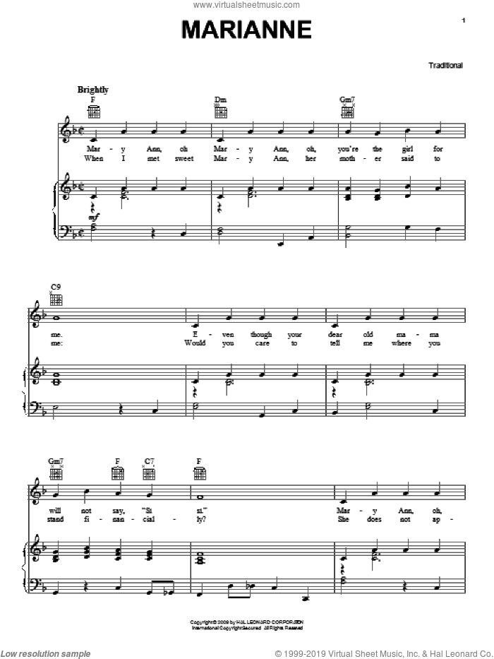 Marianne sheet music for voice, piano or guitar, intermediate skill level