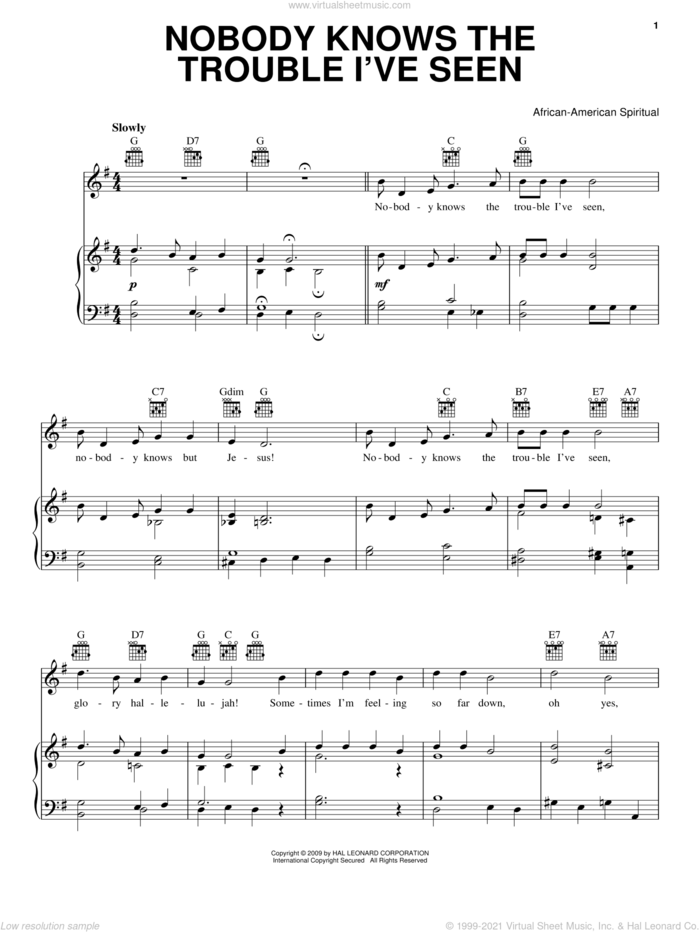 Nobody Knows The Trouble I've Seen sheet music for voice, piano or guitar, intermediate skill level