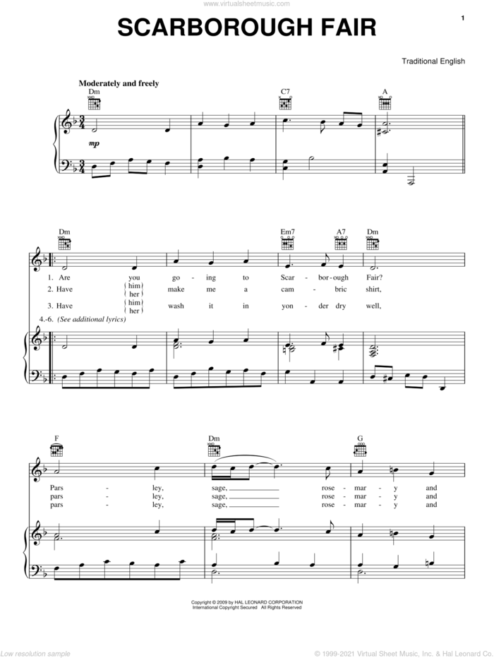 Scarborough Fair sheet music for voice, piano or guitar by Traditional English Ballad and Miscellaneous, intermediate skill level