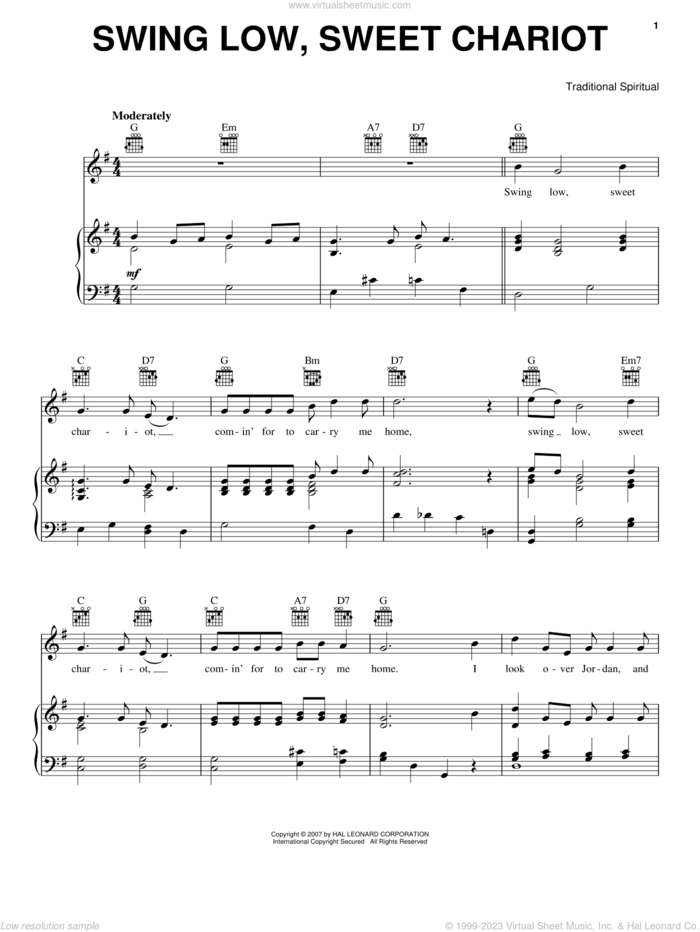 Swing Low, Sweet Chariot sheet music for voice, piano or guitar, intermediate skill level