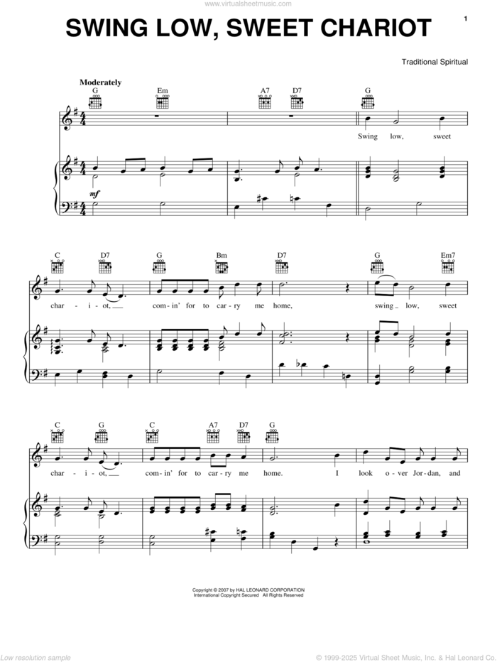 Swing Low, Sweet Chariot sheet music for voice, piano or guitar, intermediate skill level