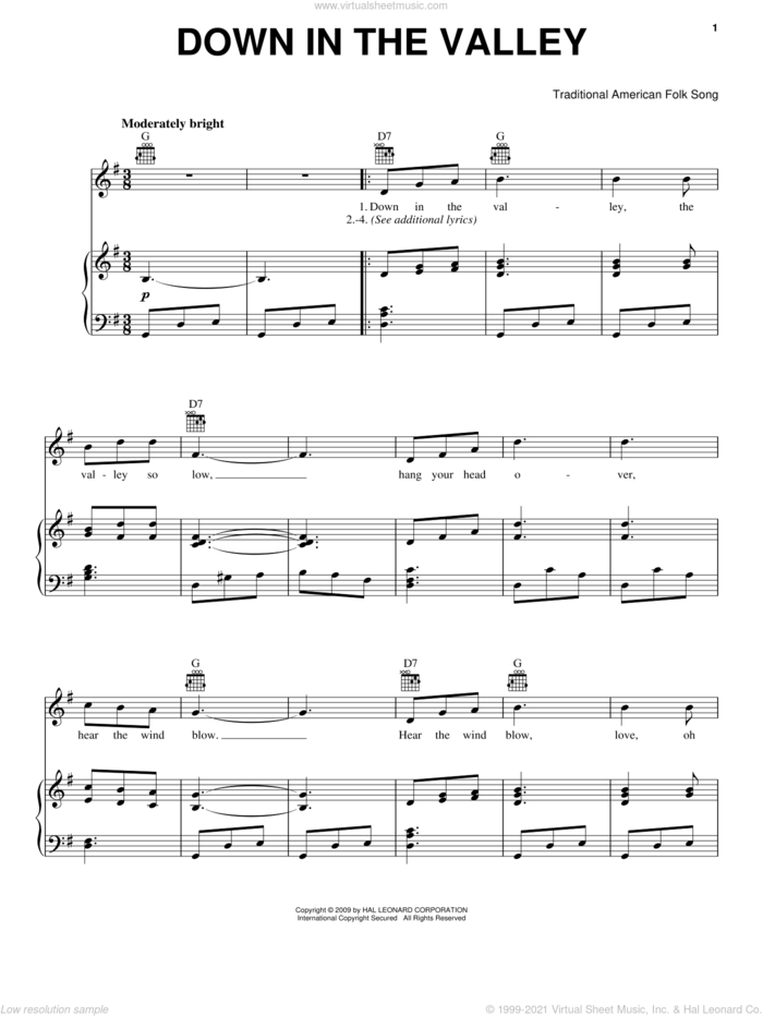 Down In The Valley sheet music for voice, piano or guitar, intermediate skill level