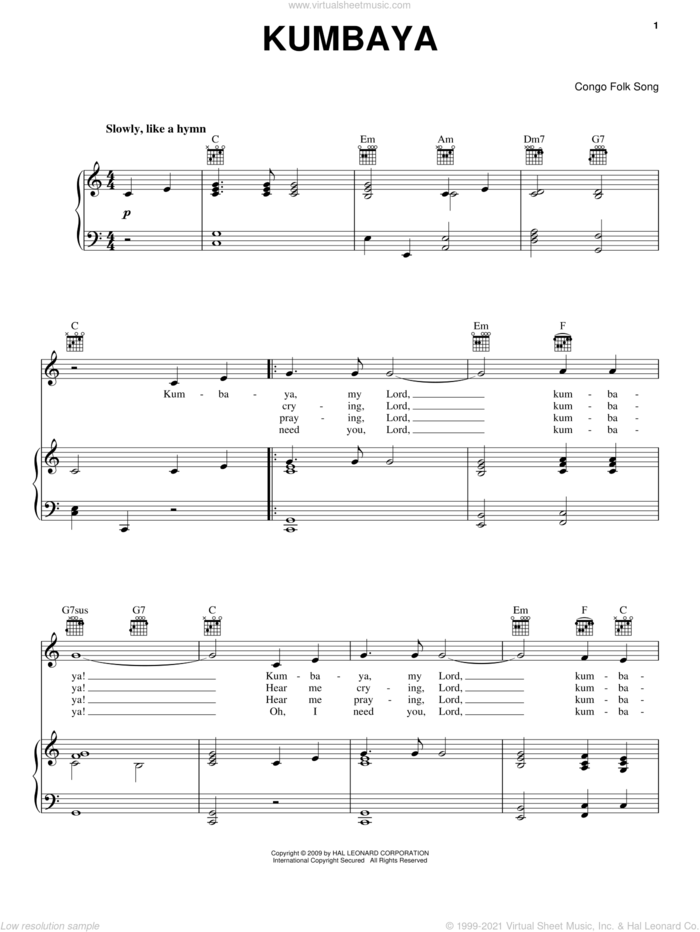 Kumbaya sheet music for voice, piano or guitar, intermediate skill level