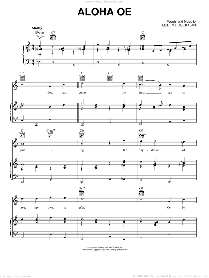 Aloha Oe sheet music for voice, piano or guitar by Queen Liliuokalani, intermediate skill level