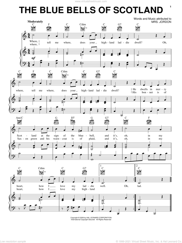 The Blue Bells Of Scotland sheet music for voice, piano or guitar by Mrs. Jordon, intermediate skill level