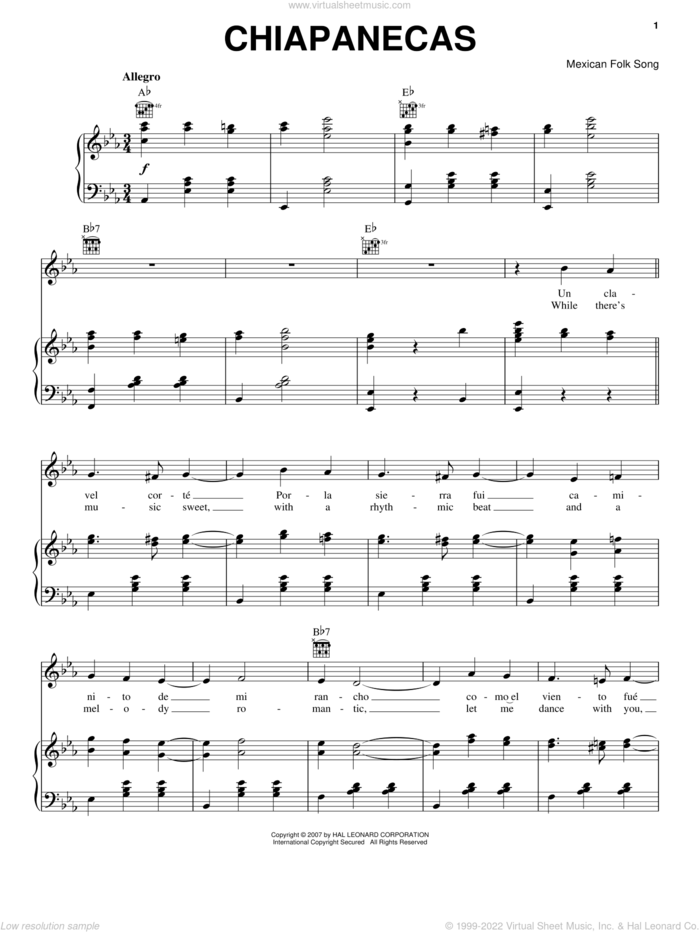 Chiapanecas sheet music for voice, piano or guitar, intermediate skill level
