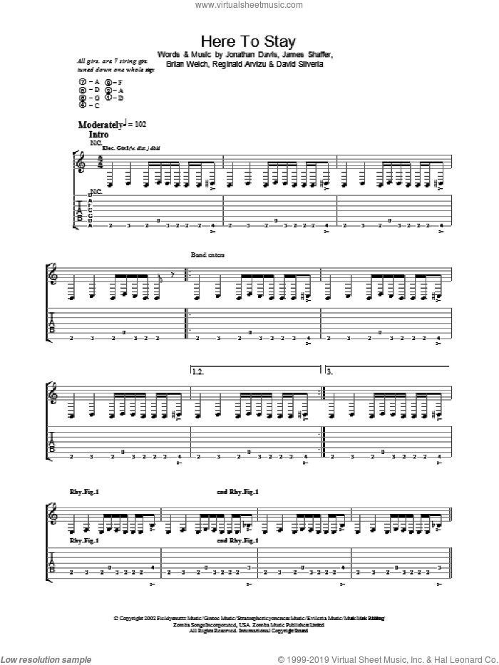 Here To Stay sheet music for guitar (tablature) by Korn, intermediate skill level