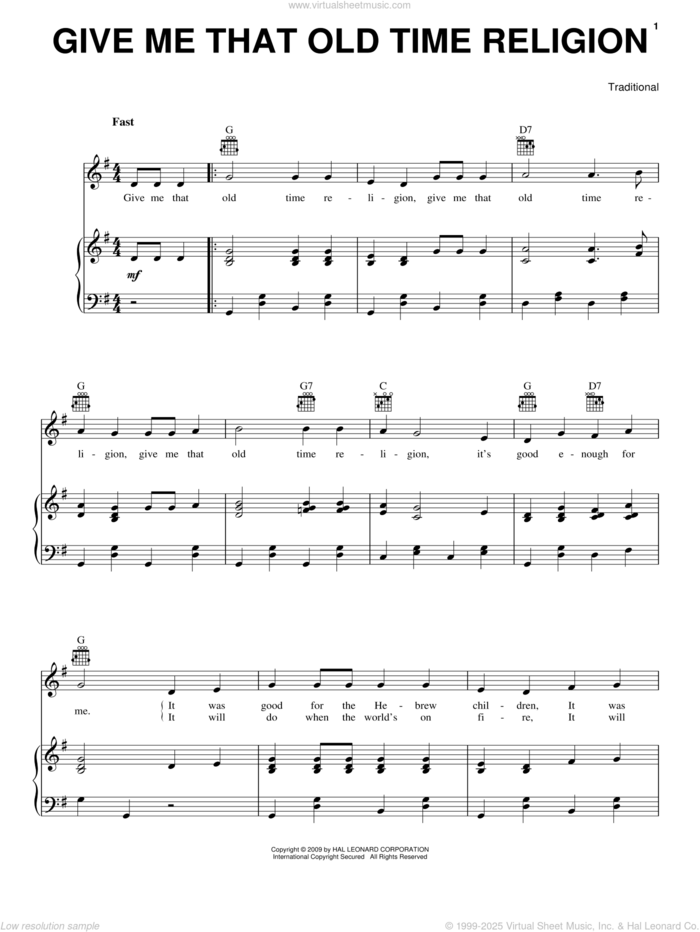 Give Me That Old Time Religion sheet music for voice, piano or guitar, intermediate skill level