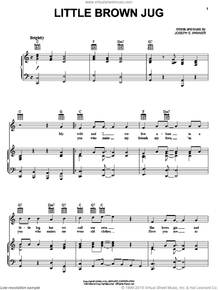 Little Brown Jug sheet music for voice, piano or guitar by Joseph E. Winner, intermediate skill level