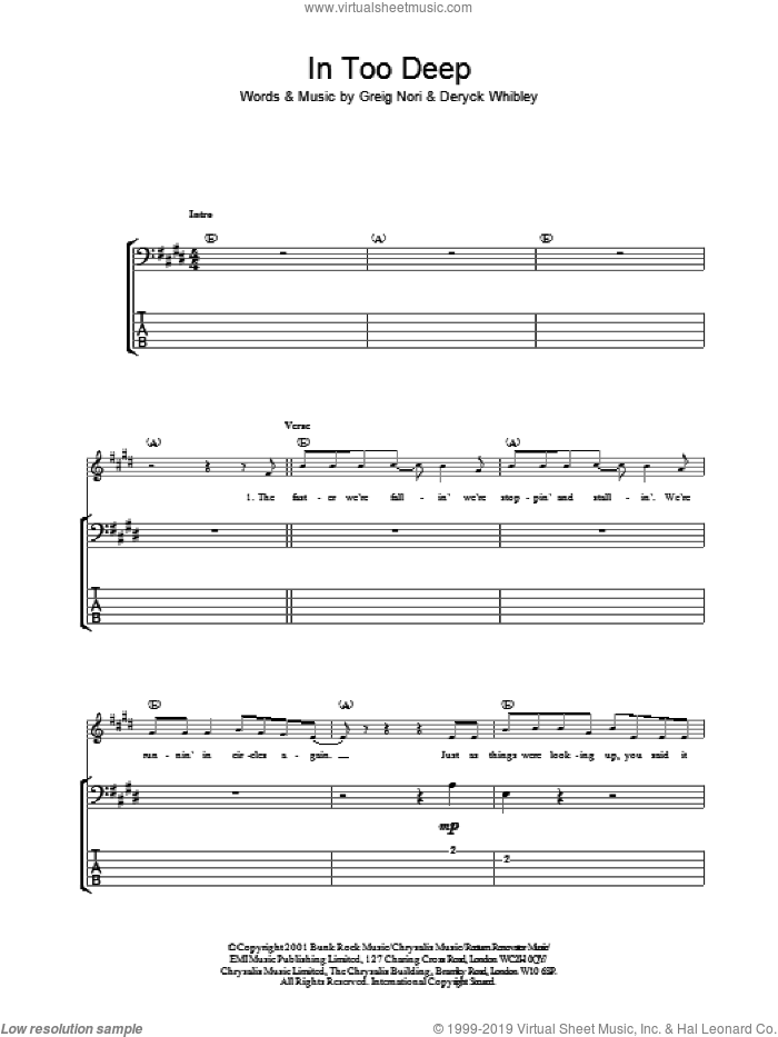 In Too Deep sheet music for bass (tablature) (bass guitar) by Sum 41, intermediate skill level