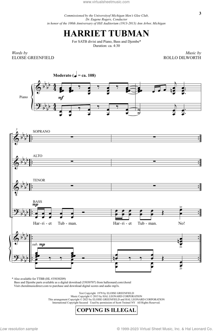 Harriet Tubman sheet music for choir (SATB: soprano, alto, tenor, bass) by Rollo Dilworth and Eloise Greenfield, intermediate skill level