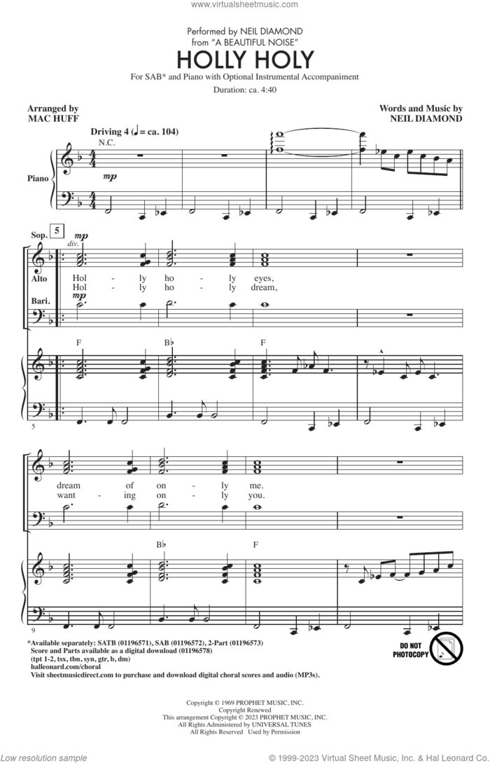 Holly Holy (from A Beautiful Noise) (arr. Mac Huff) sheet music for choir (SAB: soprano, alto, bass) by Neil Diamond and Mac Huff, intermediate skill level