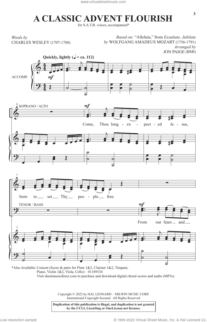 A Classic Advent Flourish (arr. Jon Paige) sheet music for choir (SATB: soprano, alto, tenor, bass) by Wolfgang Amadeus Mozart, Jon Paige and Charles Wesley, intermediate skill level