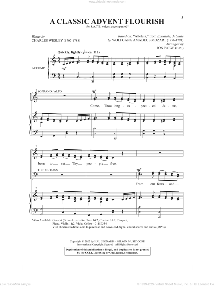 A Classic Advent Flourish (arr. Jon Paige) sheet music for choir (SATB: soprano, alto, tenor, bass) by Wolfgang Amadeus Mozart, Jon Paige and Charles Wesley, intermediate skill level