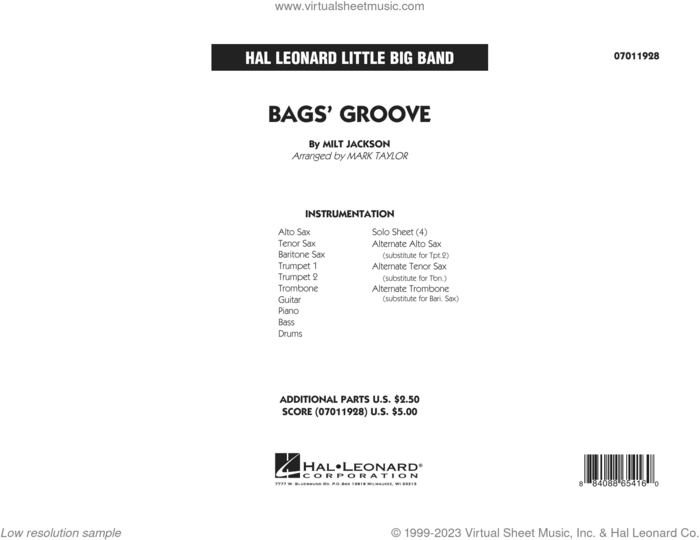 Bags' Groove (arr. Mark Taylor) (COMPLETE) sheet music for jazz band by Mark Taylor and Milt Jackson, intermediate skill level