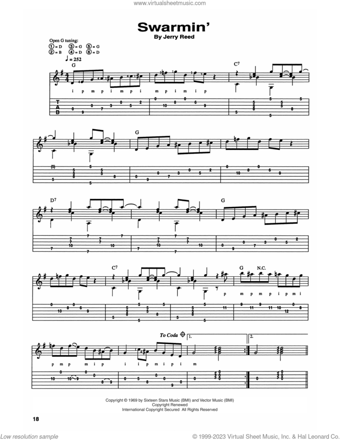 Swarmin' sheet music for guitar (tablature) by Jerry Reed and Craig Dobbins, intermediate skill level